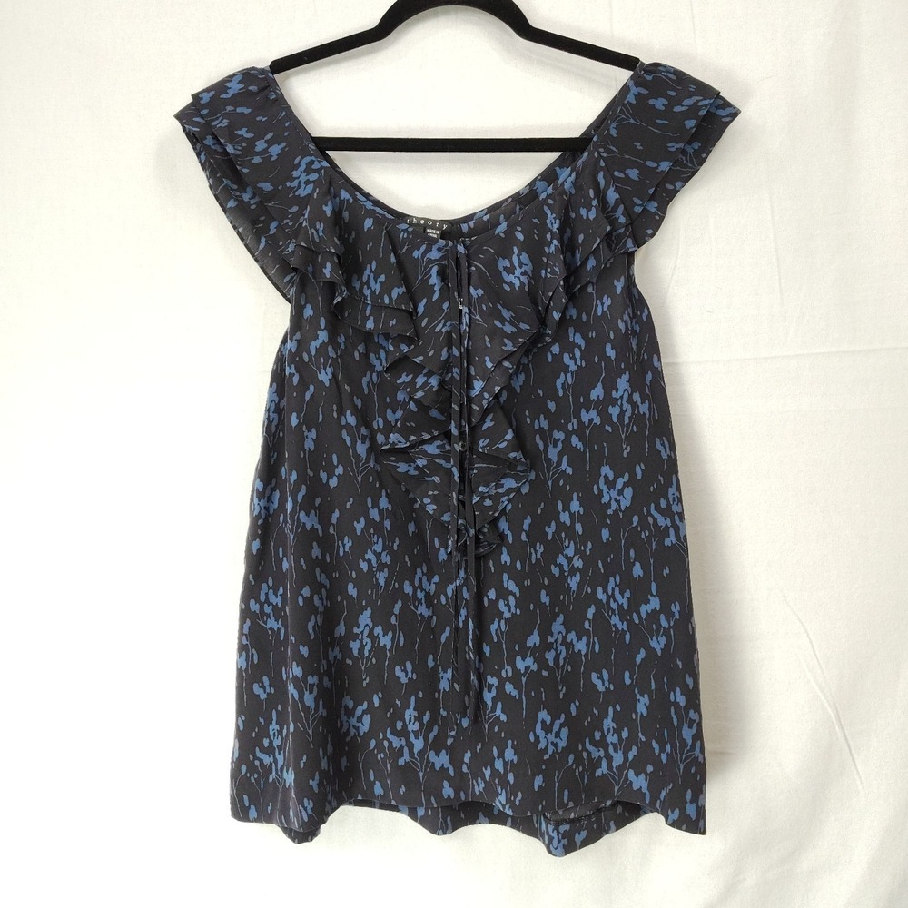 THEORY Arnalda 100% Silk Half Button Sleeveless Blouse Blue & Black Floral Sz S